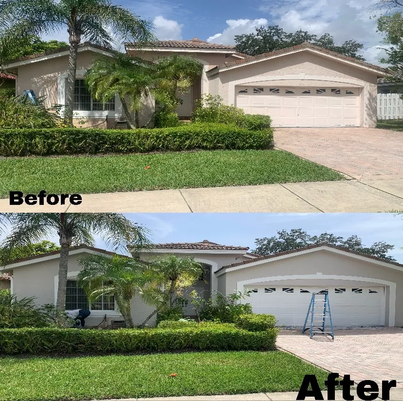 Single-story home before and after an exterior repaint in light gray