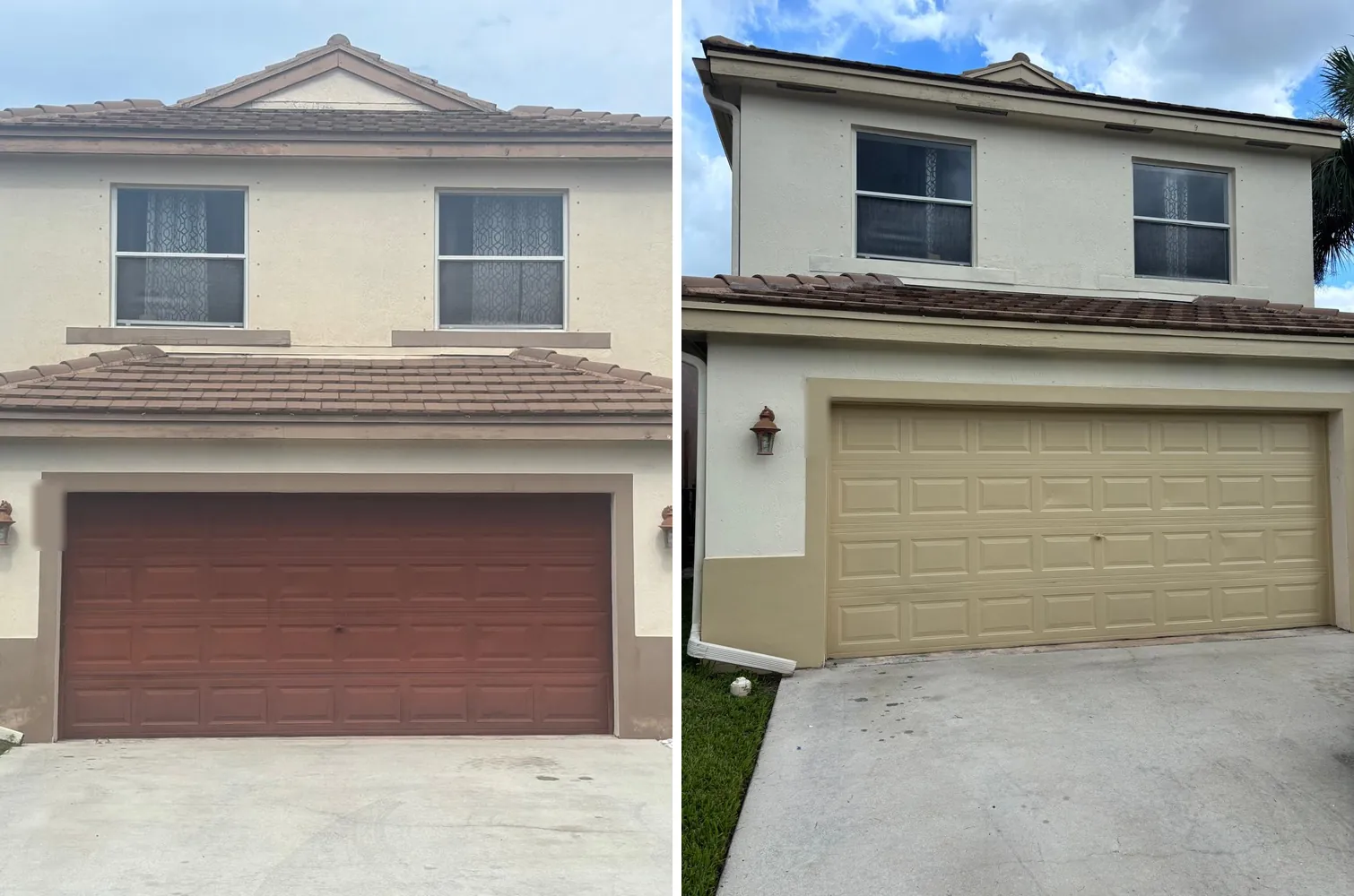Two-story South Florida home before and after an exterior repaint from beige and brown to cream and tan