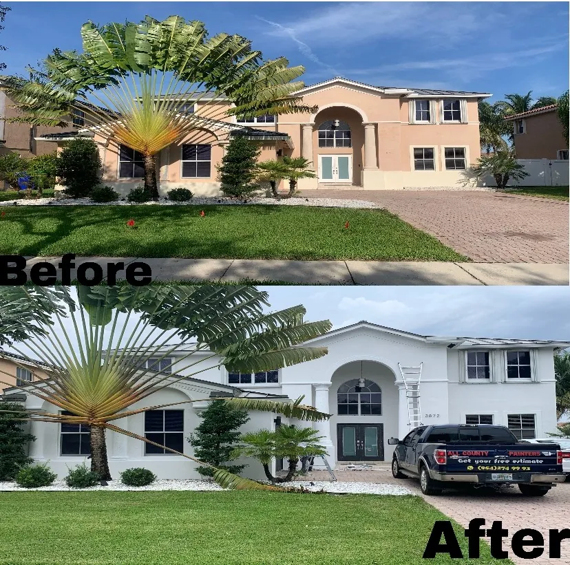 Two-story South Florida home before and after being repainted from peach to white