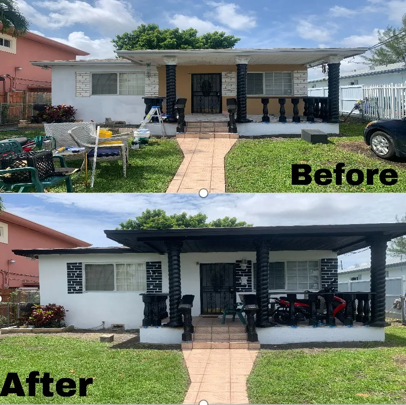 Single-story home before and after an exterior repaint in white with black accents
