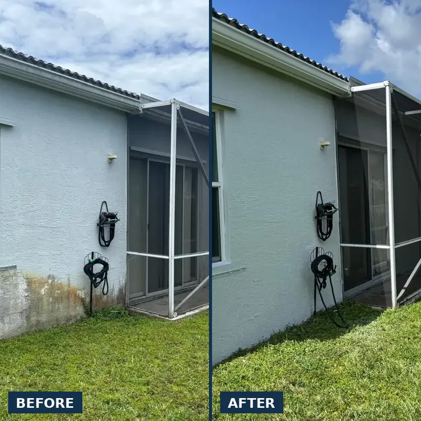 Before and after of a stained South Florida stucco wall cleaned and repainted by All County Painters
