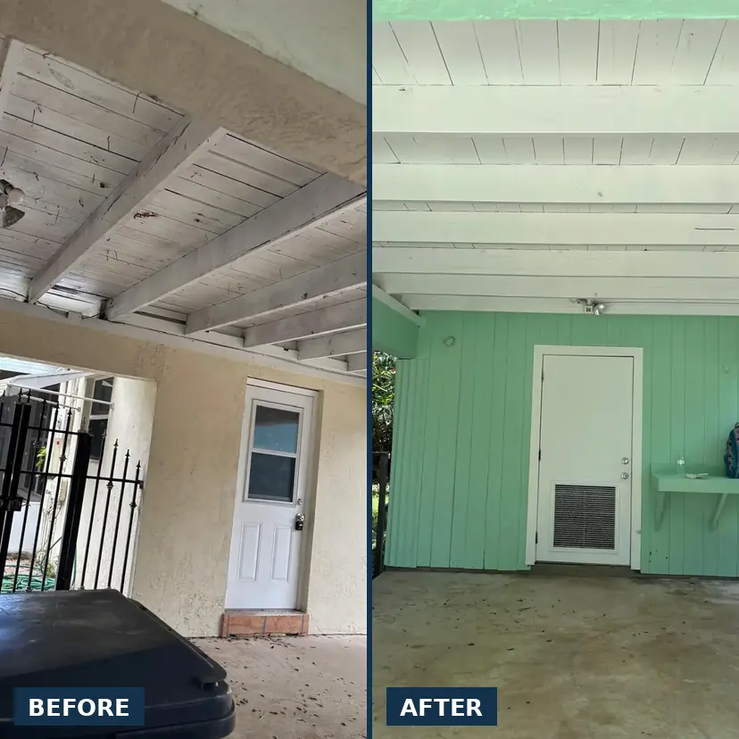 Wood-beam carport ceiling before and after painting