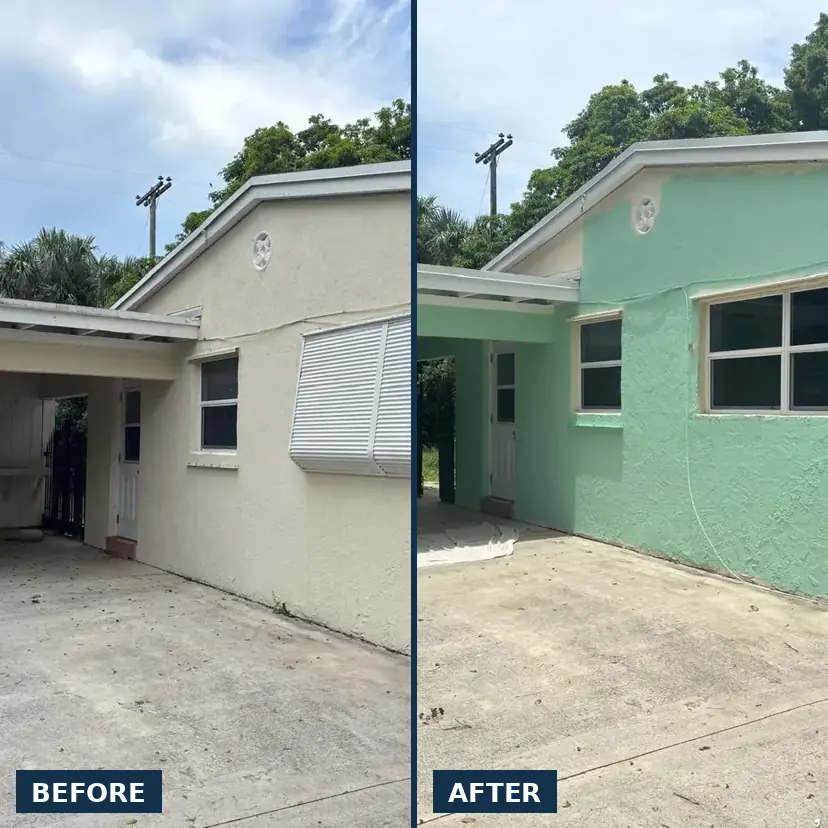 Ranch home and carport before and after exterior repainting