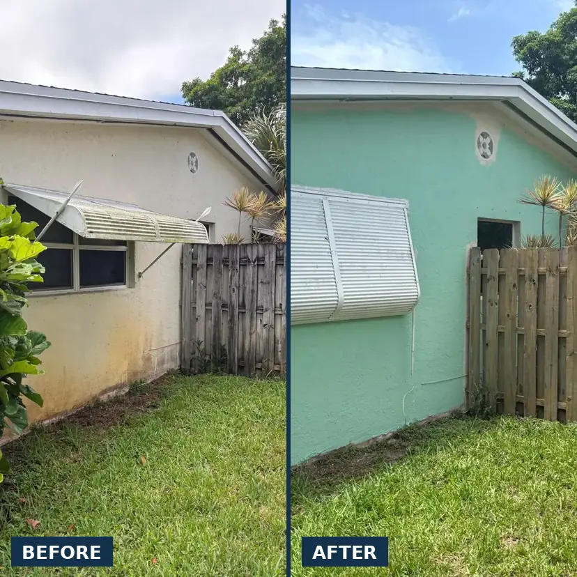 Stained cream stucco wall before and after repainting in mint green