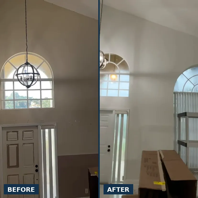 Two-story entry before and after, tan and brown walls repainted white