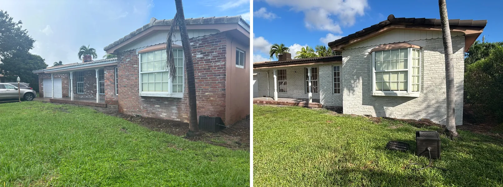Before and after of a Hollywood brick ranch home: red brick on the left, the same wall finished in white limewash on the right